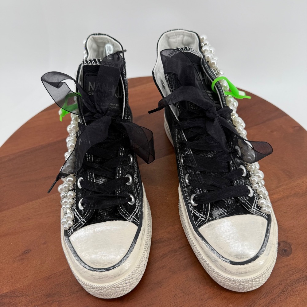 Nan-Ku Couture Pearl Rhinestone Embellished High Top Sneakers Black Womens 39 - Picture 8 of 12